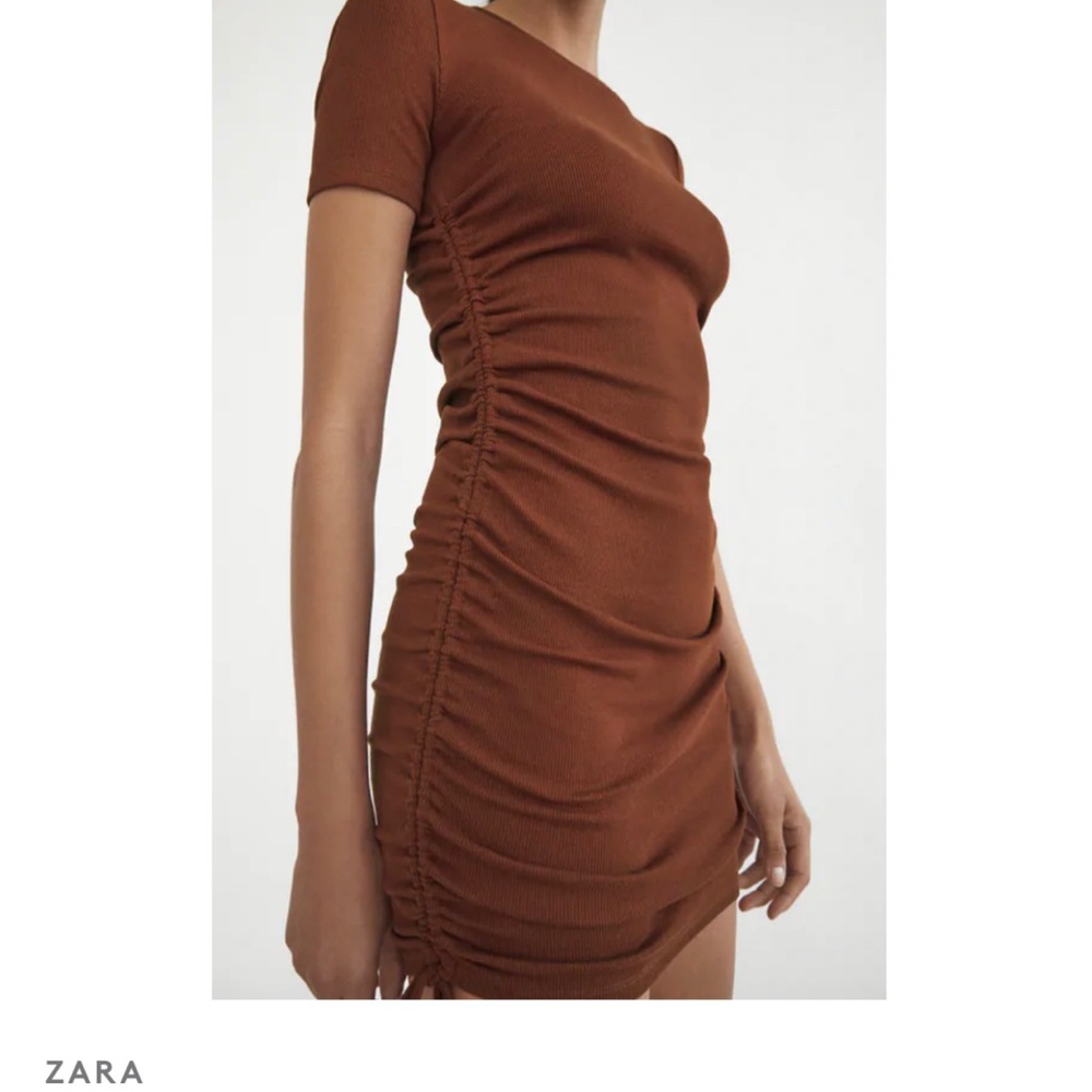 Ruched Ribbed Brown Zara Mini Dress